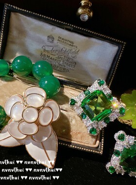 复古巴西绿人工玉髓气质山茶花项链 宫廷镀金孔雀绿方糖锆石耳钉