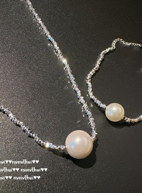 新款简约轻奢高级感澳白珍珠项链 大溪地碎碎银手链女神气质套装