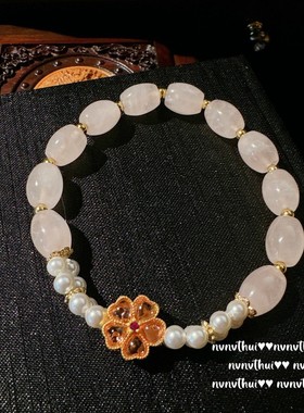 气质民族风荔枝冻人工粉玉髓项链 国风桃花玉牌花朵手链弹力戒指