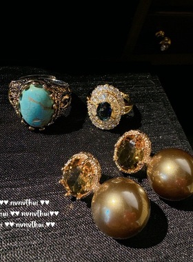 气质光芒花瓣复古海蓝宝石戒指 宫廷风名媛闪钻茶金锆石宴会耳环