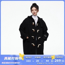 ELEWEN SLEEP Fall black buffalo horn buckle gross not even cap Long dress lady Loose Academy Wind Jacket