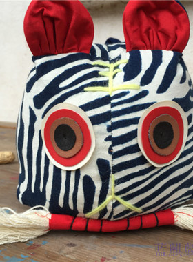 南通特产纯手工蓝麒麟蓝印花布双头虎靠枕/小枕头布偶装饰摆件