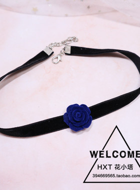 原创 新款美背蝴蝶结蓝色毛衣链项链少女绑带项圈洛丽塔萝丽气质