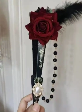 洛丽塔欧式复古浮雕烫金花嫁茶会Lolita羽毛玫瑰折扇黑色白色现货