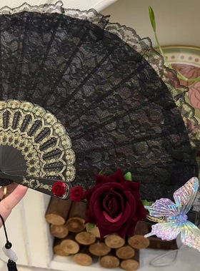 原创 新中式黑色玫瑰花闪光蝴蝶哥特优雅白扇 拍照 旗袍走秀
