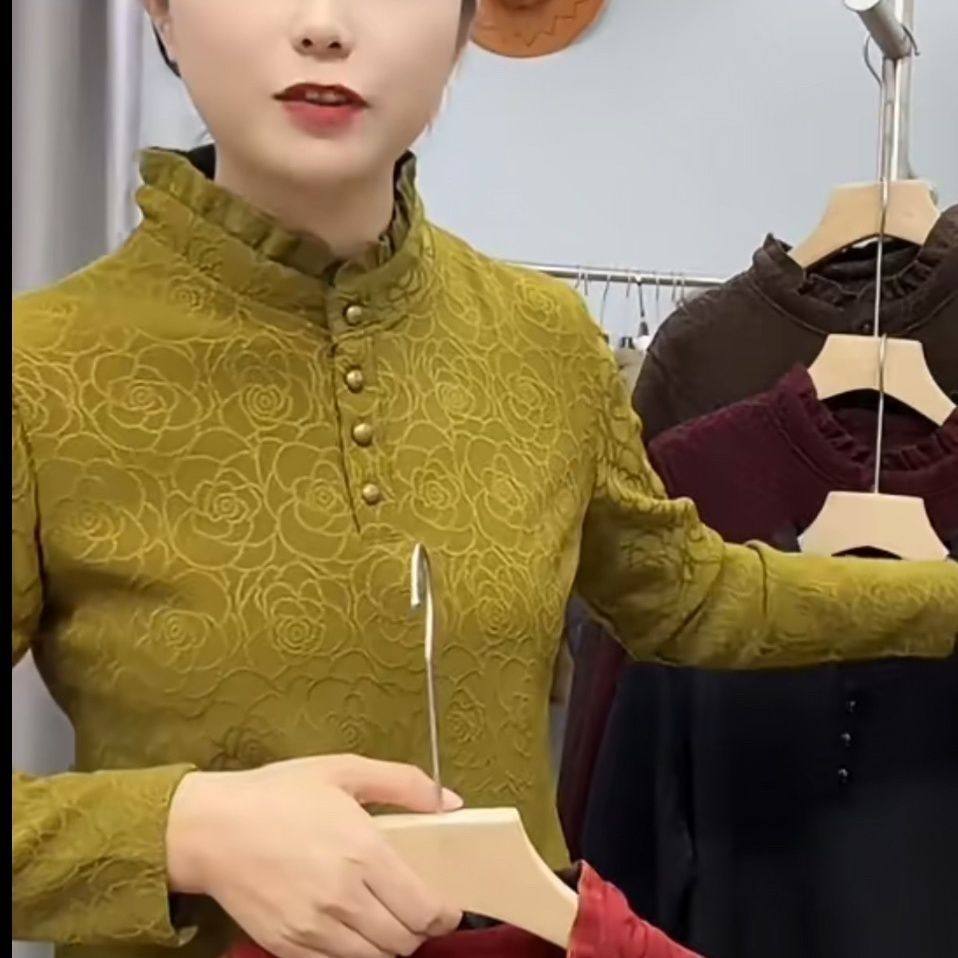 妈妈百搭提花长袖加绒中式T恤加厚秋冬保暖新款上衣时尚洋气打底,淘宝优惠券,粉丝福利购,淘宝优惠卷