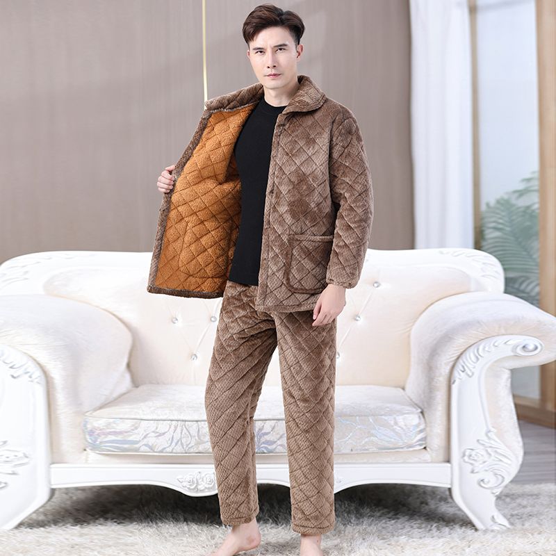 老人睡衣男三层夹棉珊瑚绒中老年冬季加厚加绒爸爸保暖套装家居服 - 图1