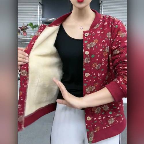 爆款碎花小棉袄妈妈秋冬季外套加绒加厚中老年保暖开衫棒球服显瘦 - 图0