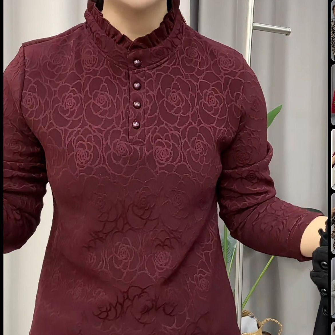 妈妈百搭提花长袖加绒中式T恤加厚秋冬保暖新款上衣时尚洋气打底,淘宝优惠券,粉丝福利购,淘宝优惠卷