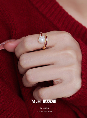 法式珍珠交叉开口戒指女款时尚通勤简约百搭食指戒设计感小众指环