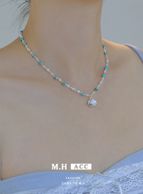 严选2025新款蓝色松石贝壳串珠项链项链女时尚百搭气质拼色锁骨链