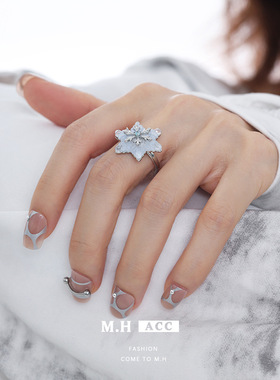 蓝色冰晶雪花戒指女轻奢ins简约小众原创设计精致食指戒开口指环