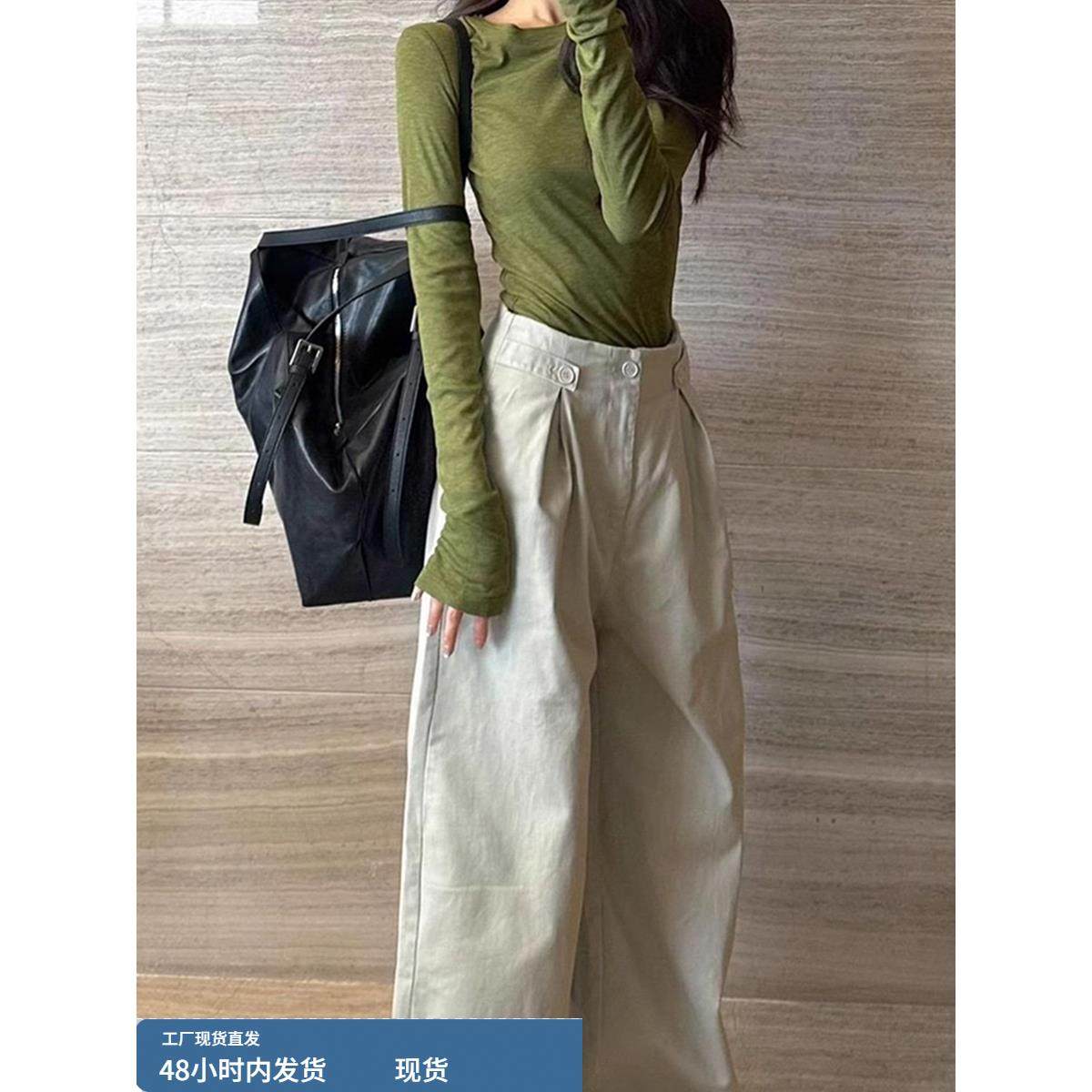 韩系覆古绿色正肩长袖t恤女早秋穿搭修身显瘦内搭打底衫长袖上衣,淘宝优惠券,粉丝福利购,淘宝优惠卷