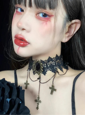 哥特风暗黑洛丽塔蕾丝十字架锁骨链choker颈带万圣节朋克项圈女酷