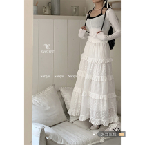Cake Dress Lace White Half Body Dress Woman Long Style High Waist A Character Dress Long Skirt Dresses Fairy Autumn Winter Half Skirt