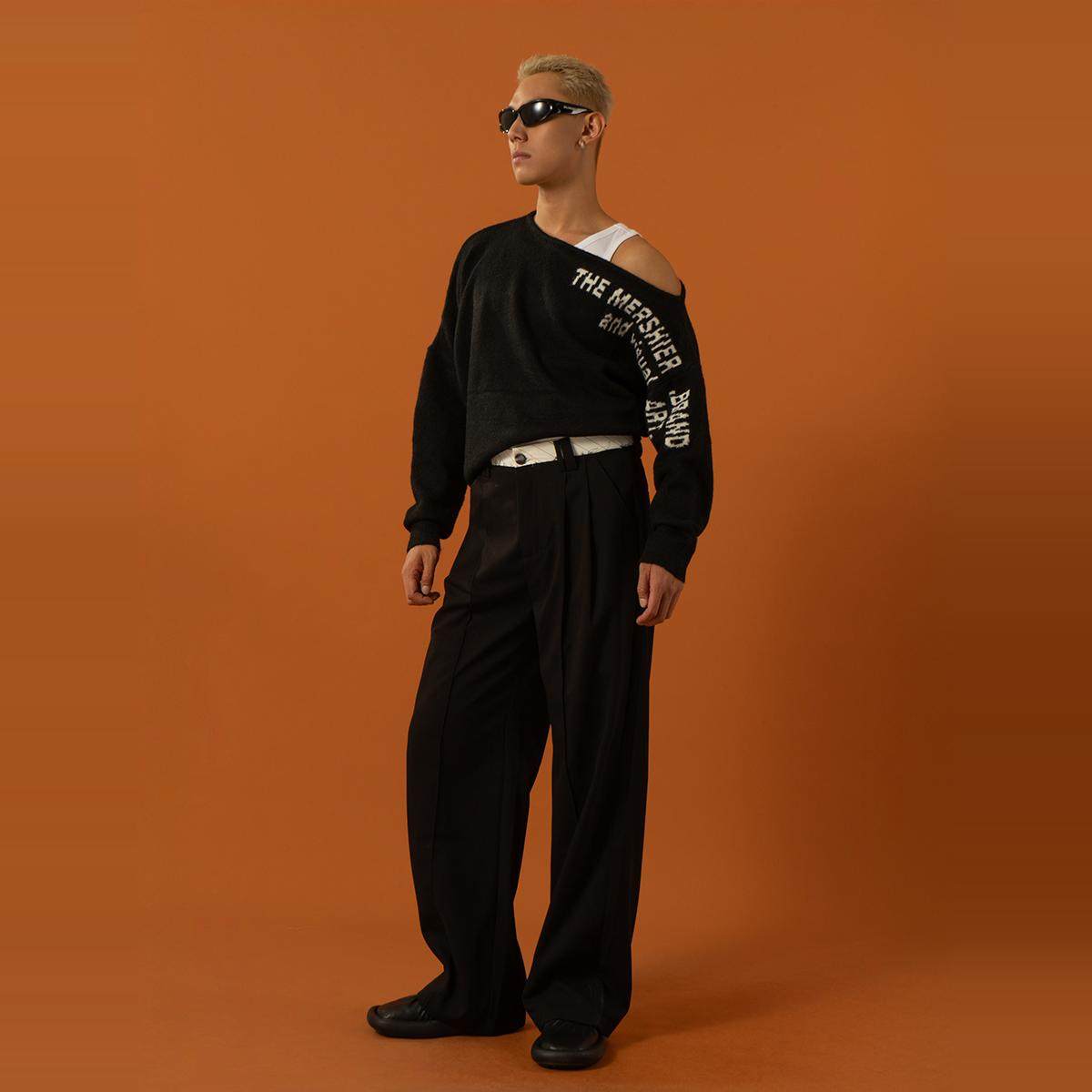 CLP黑红灰船领宽松露肩针织衫毛衣男女潮流弹力羊毛落肩潮流长袖,淘宝优惠券,粉丝福利购,淘宝优惠卷