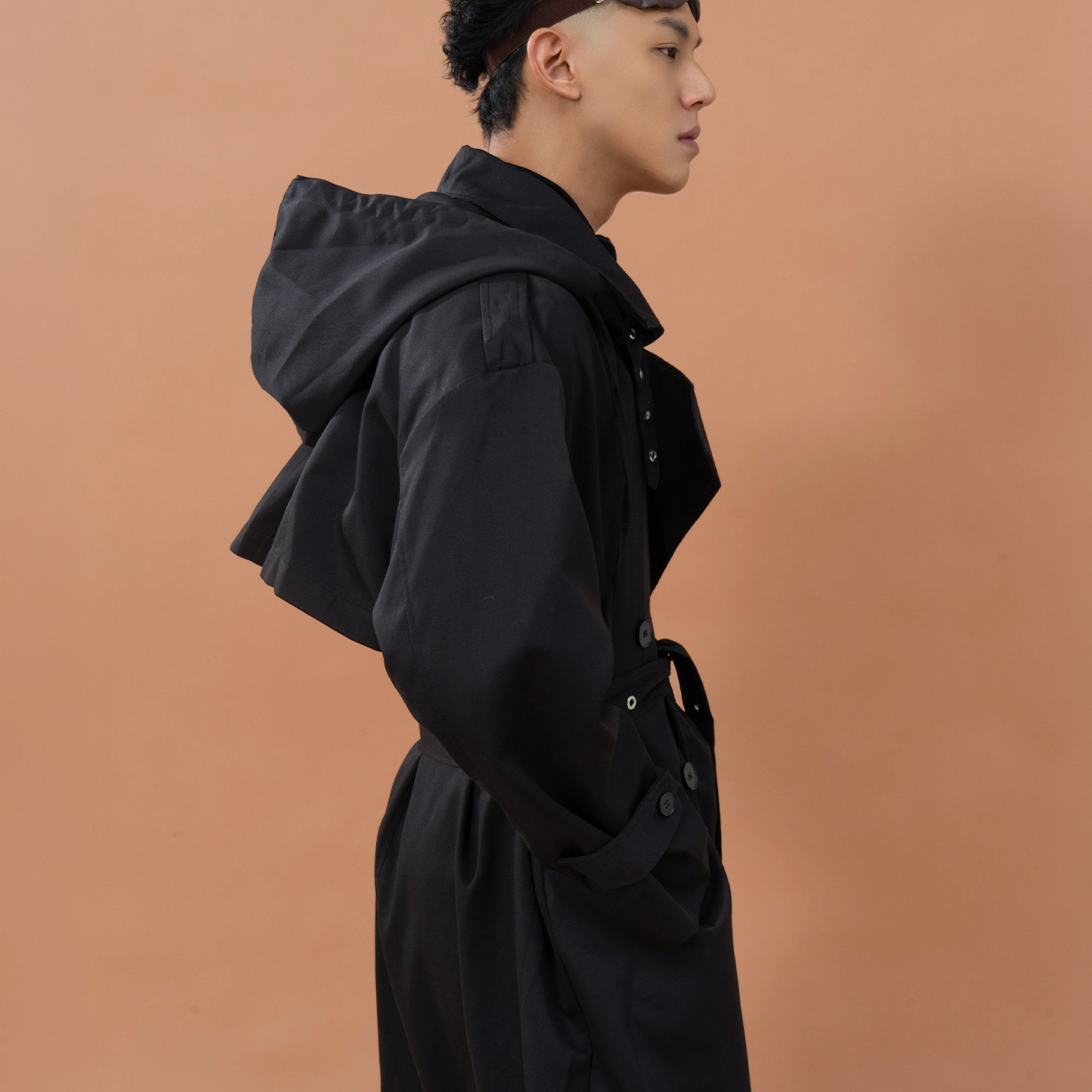 CLP卡其黑色腰带收腰连帽风衣大衣男休闲宽松复古廓形潮流外套ins - 图2