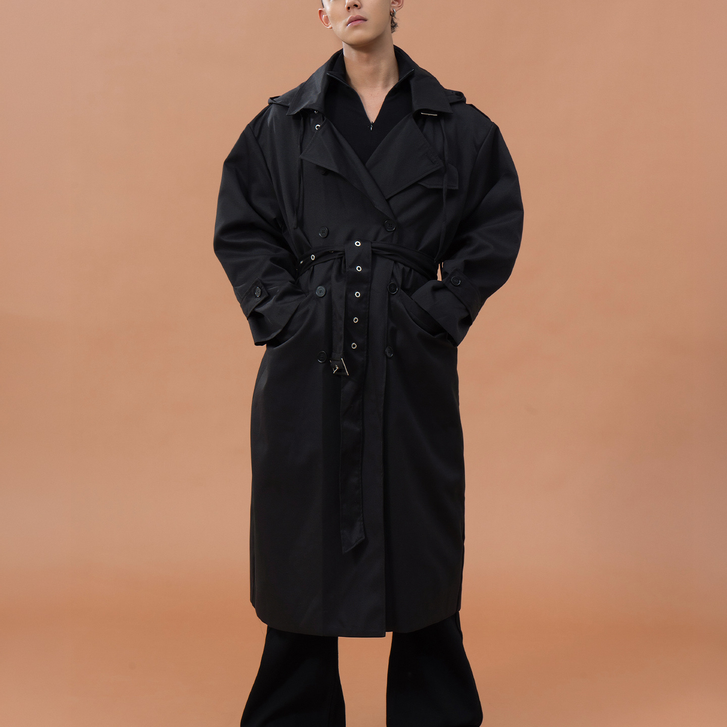 CLP卡其黑色腰带收腰连帽风衣大衣男休闲宽松复古廓形潮流外套ins - 图0