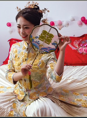 定制代绣法式刺绣喜扇新娘团扇新娘手捧花粉蓝喜扇中式秀禾团扇
