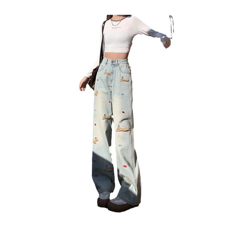 美式卡通腊肠狗阔腿牛仔裤女2025新款立体刺绣显瘦宽松阔腿牛仔裤 - 图3