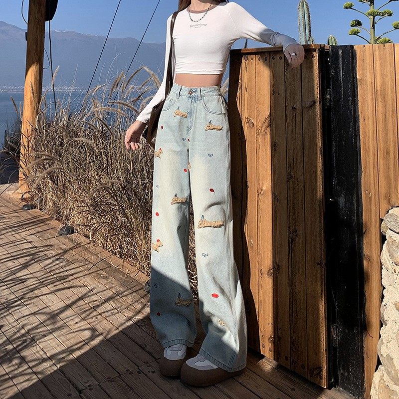 美式卡通腊肠狗阔腿牛仔裤女2025新款立体刺绣显瘦宽松阔腿牛仔裤 - 图0