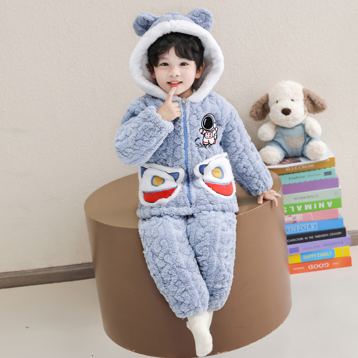 儿童冬季睡衣男童宝宝新款加厚保暖法兰绒三层夹棉家居服男孩套装,淘宝优惠券,粉丝福利购,淘宝优惠卷