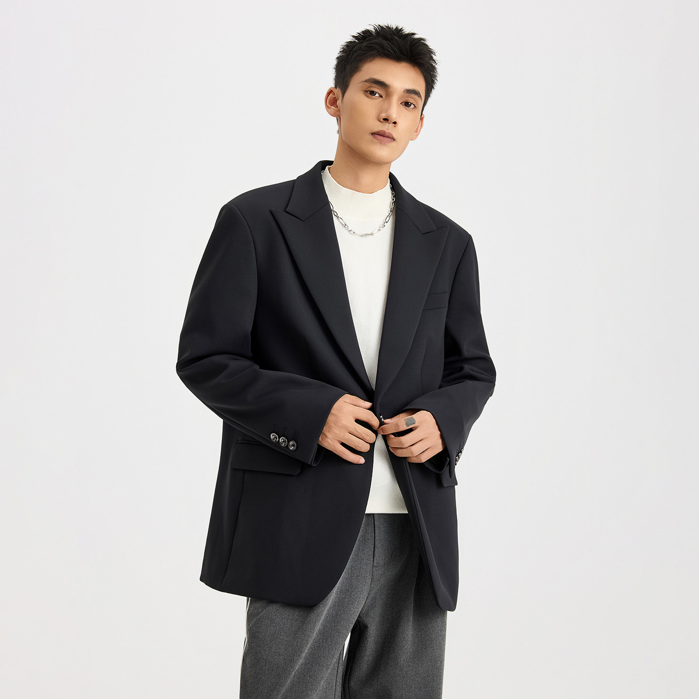 CHAN MONTH痞帅西装外套男秋季新潮牌高级感黑色正装宽松休闲西服,淘宝优惠券,粉丝福利购,淘宝优惠卷