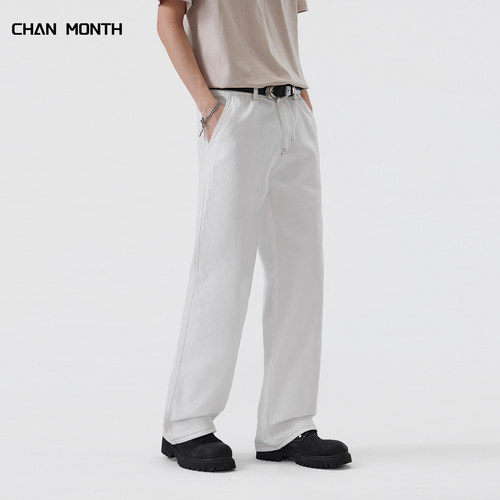 CHAN MONTH美式春秋白色牛仔裤男宽松休闲百搭阔腿高街直筒长裤子 - 图1