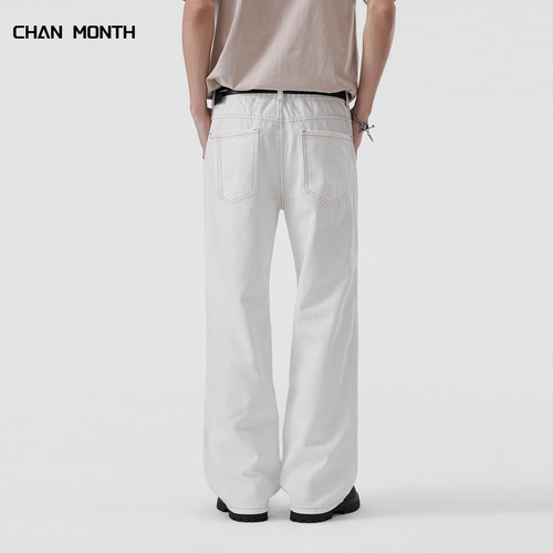 CHAN MONTH美式春秋白色牛仔裤男宽松休闲百搭阔腿高街直筒长裤子 - 图3