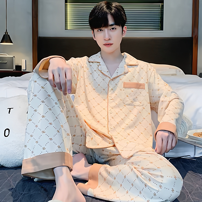 2025新款男士睡衣长袖中老年爸爸套装纯棉春秋季大码200斤家居服