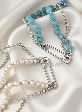 numering博主别针珍珠绿松石项链