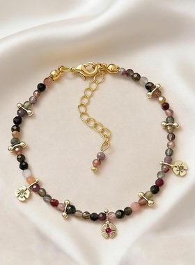 彩色碧玺水晶四叶草串珠项链