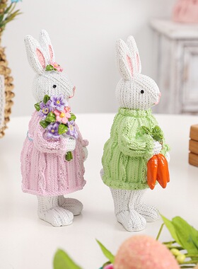 跨境 复活节装饰品 ins北欧风毛衣兔子树脂摆件 派对家居装饰礼物