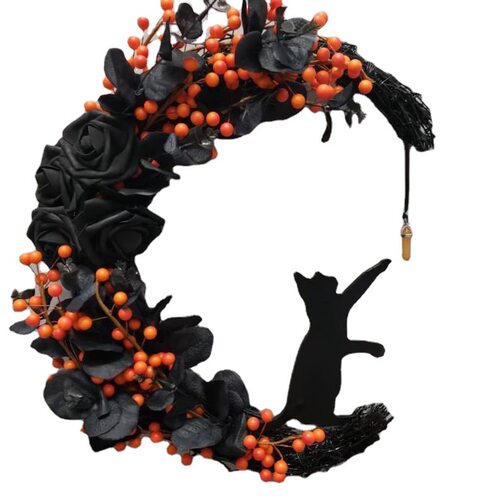 2026欧美热销万圣节哥特玫瑰月亮猫花环万圣节门装饰水晶月亮花环 - 图3