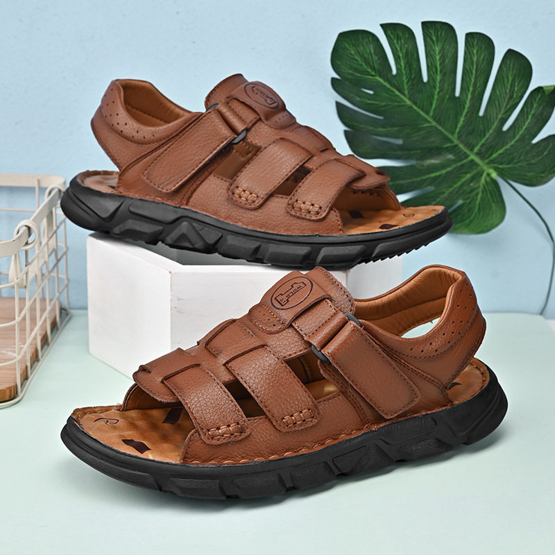 跨境大码凉鞋 夏季真牛皮透气沙滩休闲男鞋乳胶垫踩屎感男士凉鞋,淘宝优惠券,粉丝福利购,淘宝优惠卷