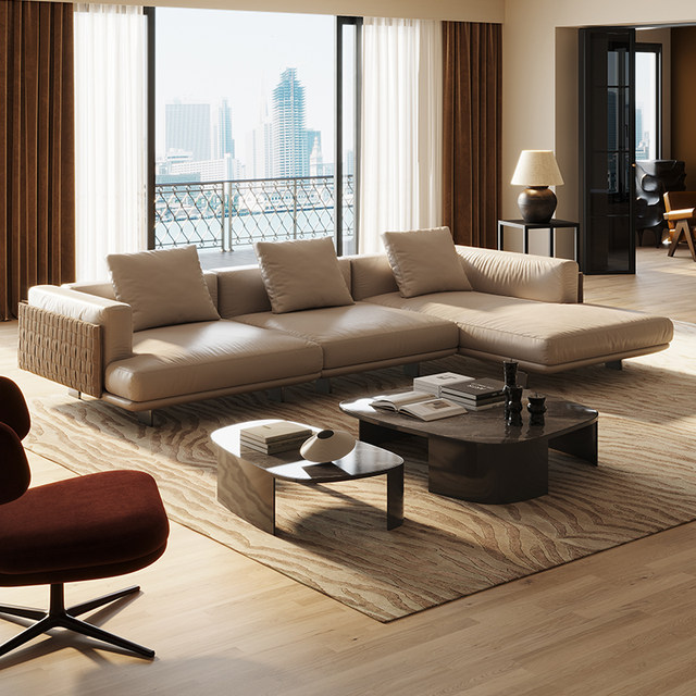 PAULJOHN Villa Living Room Genuine Leather Braided Sofa