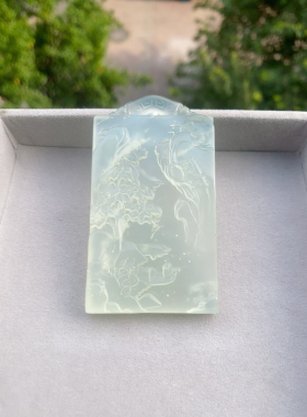 新天然岫玉山水牌男女大款玉坠天青冻白冰山水牌中式项链挂坠