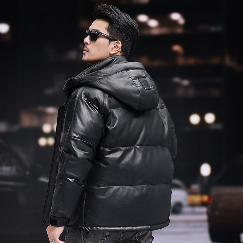 高档轻奢进口头层小牛皮鹅绒外套男真皮皮衣羽绒服连帽加厚皮夹克,淘宝优惠券,粉丝福利购,淘宝优惠卷