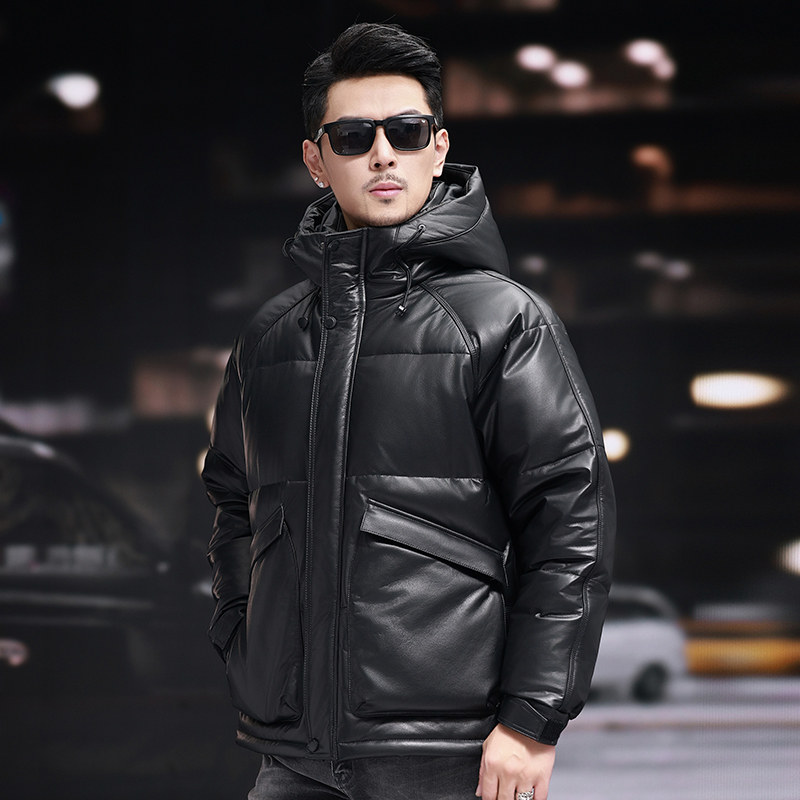 高档轻奢进口头层小牛皮鹅绒外套男真皮皮衣羽绒服连帽加厚皮夹克,淘宝优惠券,粉丝福利购,淘宝优惠卷
