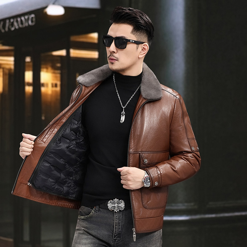 2025可拆卸羽绒内胆水貂毛领真皮皮衣男头层小牛皮外套短款皮夹克,淘宝优惠券,粉丝福利购,淘宝优惠卷