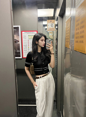 法式黑色条纹短袖针织开衫女