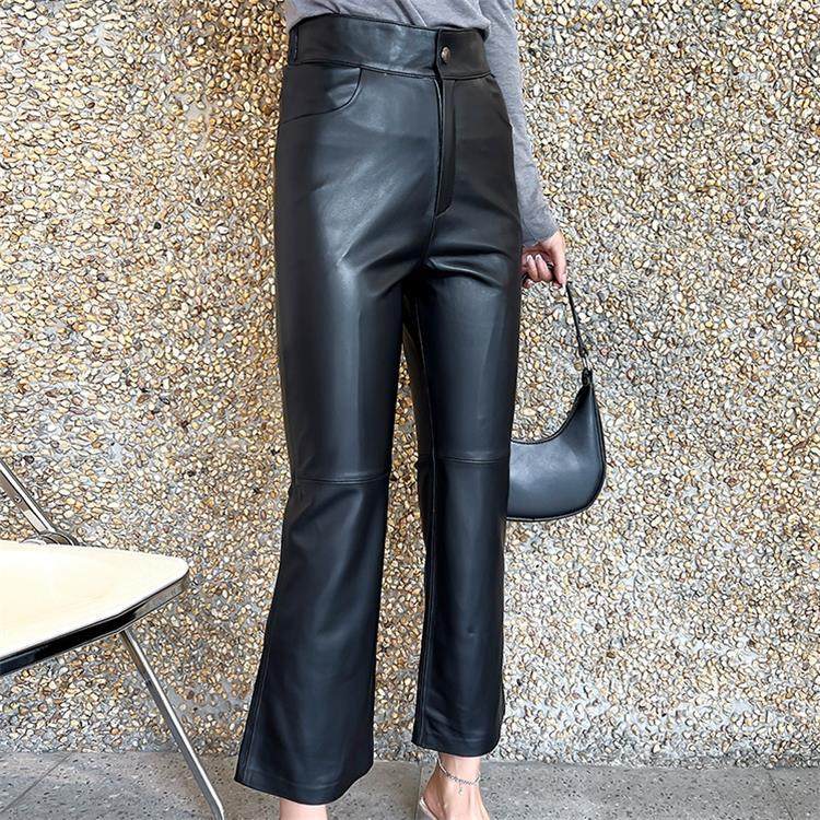 真皮皮裤女 秋冬新款通勤气质微喇裤 2025绵羊皮净版打底九分裤潮,淘宝优惠券,粉丝福利购,淘宝优惠卷