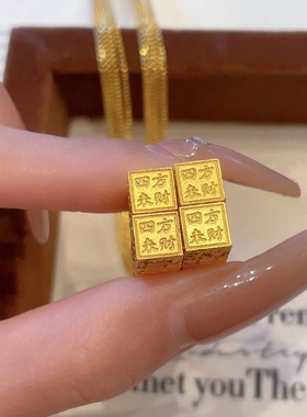 新中式碎碎冰小金条吊坠镀金爆闪四方来财印章项链方形吊坠锁骨链