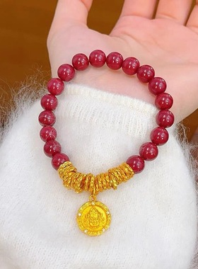 小众设计感红玛瑙手饰镶嵌玫红金珠手串麦穗隔珠蝴蝶吊坠手链