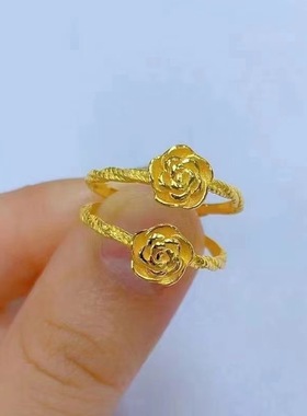 新款沙金色玫瑰花戒指铜镀金可调节指环母亲节送妈妈送女友可调节