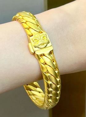 新款沙金三马鞭手链男士金色古巴老板手链大粗宽霸气手链送男友经