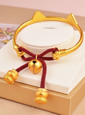 国风新款时尚猫儿蝴蝶结手镯女可调节红绳小猫镯金属手环高级感