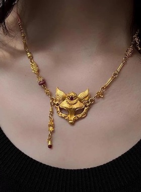 古法新中式金色狐狸面具项链国风高级复古锁骨链戒指轻奢气质手链