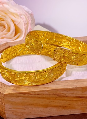 宽面13n錾刻牡丹花开口手镯可调节新中式国风复古花朵实心镯子