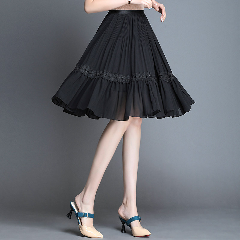 雪纺女夏中长款高腰遮胯黑色半身裙 诠慕半身裙